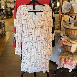 White House Black Market cream & Rust Printed V-Neck Long Sleeve Dress